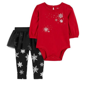 New Carter's Baby Girl Bodysuit and Pants Red Black Snowflakes 2 Piece Set 3M